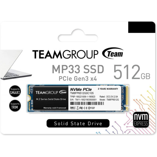 Disque dur SSD interne TEAMGROUP 512 GB M.2 PCIe 3.0 x4 - Vue avant du produit.