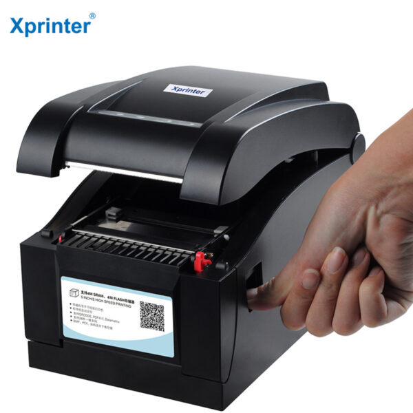 Imprimante thermique Xprinter XP-350BM noire, compacte et rapide, idéale pour la gestion des codes-barres.