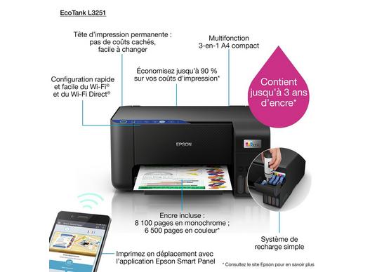 Imprimante Epson Ecotank L3251 avec réservoirs rechargeables et Wi-Fi