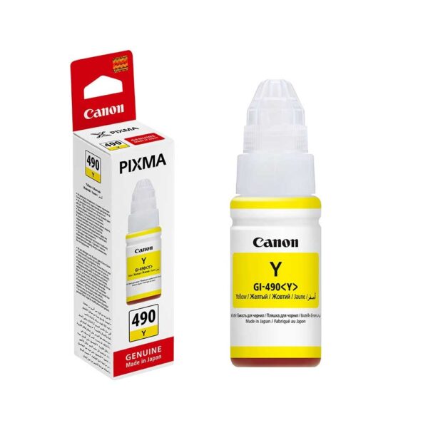 Bouteille d’encre Canon GI-490 Yellow, produit d’origine pour impression.