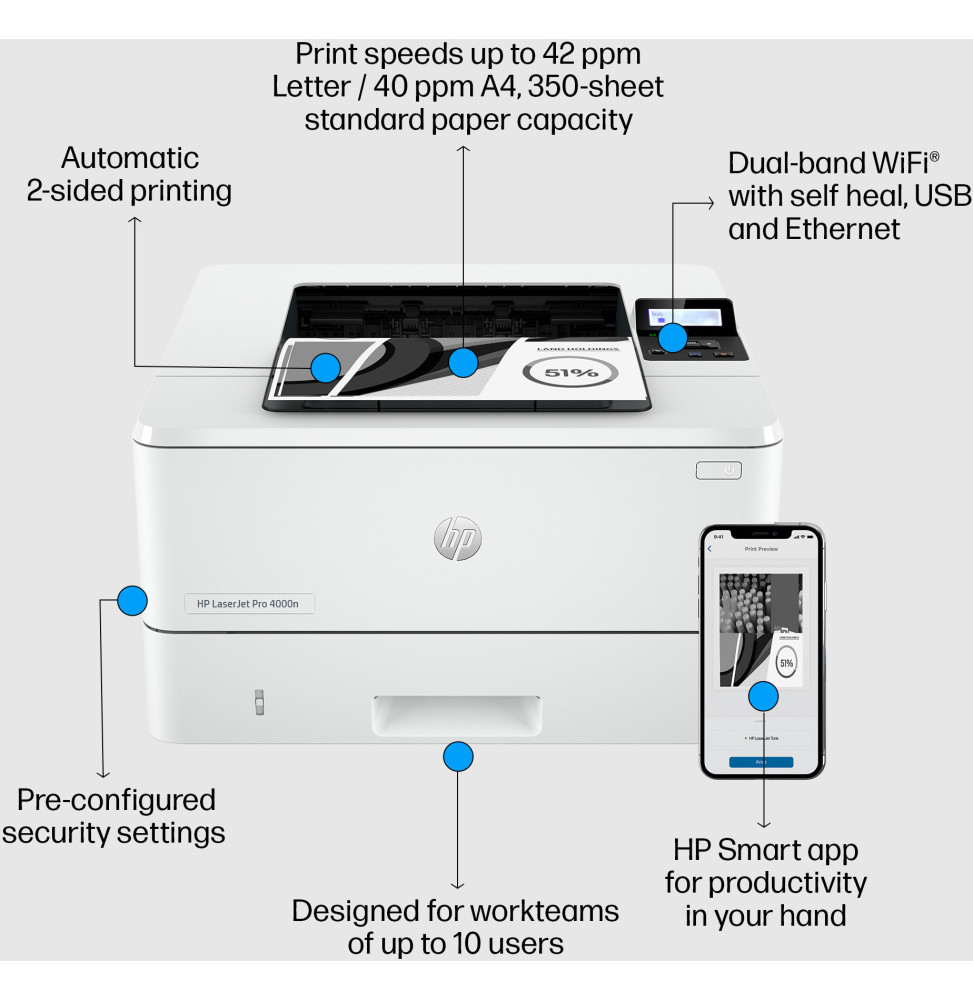 HP LaserJet Pro 4003dn Monochrome – Vue avant de l’imprimante