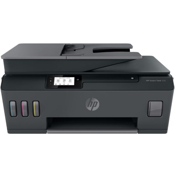 Imprimante HP Smart Tank 530 multifonction à réservoirs rechargeables, vue frontale avec design moderne et écran intégré.