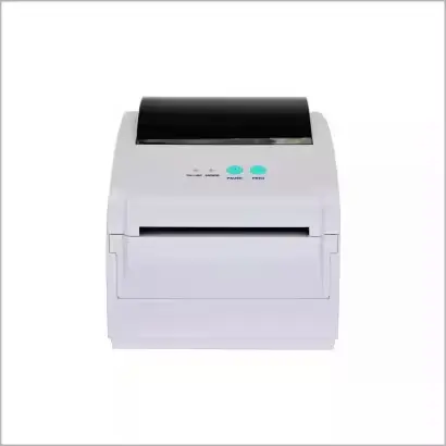 Imprimante de code à barre Gainscha GS-2408DC vue de face, avec des étiquettes imprimées de haute qualité