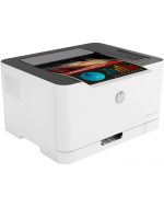 Imprimante laser couleur HP 150nw en fonctionnement, imprimant une page couleur vive et de qualité.