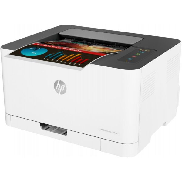 Imprimante laser couleur HP 150nw en fonctionnement, imprimant une page couleur vive et de qualité.