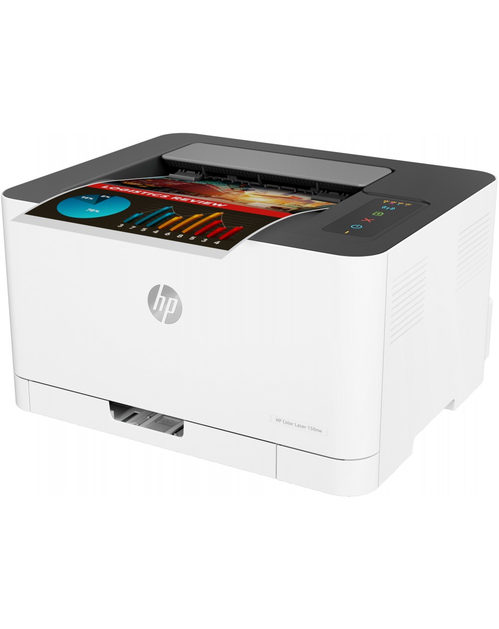 Imprimante laser couleur HP 150nw en fonctionnement, imprimant une page couleur vive et de qualité.