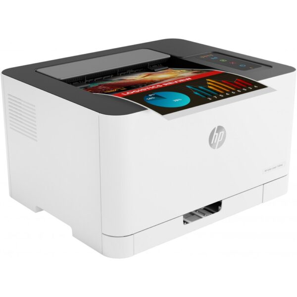 Imprimante laser couleur HP 150nw en fonctionnement, imprimant une page couleur vive et de qualité.