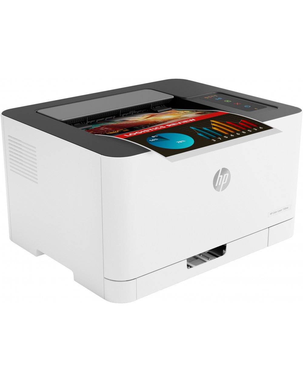 Imprimante laser couleur HP 150nw en fonctionnement, imprimant une page couleur vive et de qualité.