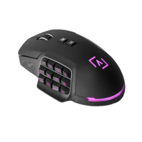 Souris de gaming AIM KEYWIN avec éclairage LED RGB et boutons programmables, design ergonomique.