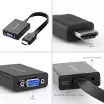 Adaptateur HDMI vers VGA UGREEN 40248 avec port audio Jack 3,5 mm, design compact noir.