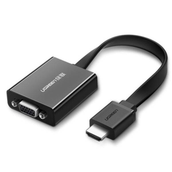 Adaptateur HDMI vers VGA UGREEN 40248 avec port audio Jack 3,5 mm, design compact noir.