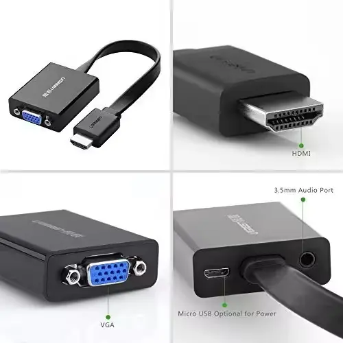 Adaptateur HDMI vers VGA UGREEN 40248 avec port audio Jack 3,5 mm, design compact noir.