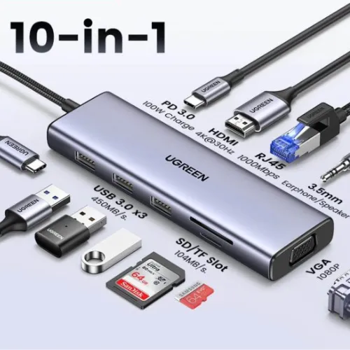 Adaptateur HUB USB-C Ugreen 10 en 1 (15601) Adaptateur HUB USB-C Ugreen 10 en 1 branché à un ordinateur portable
