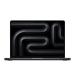 MacBook Pro 16 pouces 2024 Space Black avec écran Liquid Retina XDR allumé, affichant une image colorée.