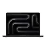 MacBook Pro 16 pouces 2024 Space Black avec écran Liquid Retina XDR allumé, affichant une image colorée.