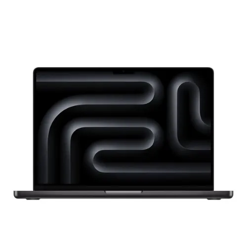 MacBook Pro 16 pouces 2024 Space Black avec écran Liquid Retina XDR allumé, affichant une image colorée.