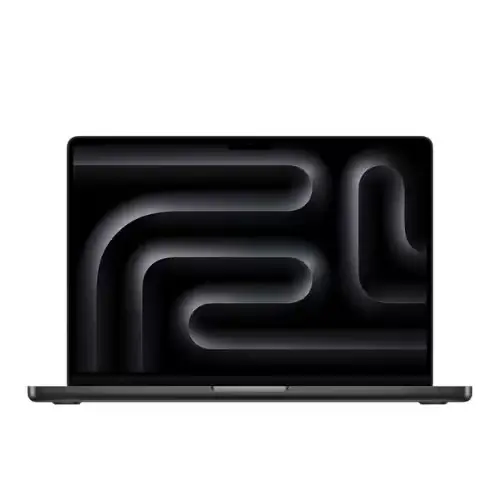 MacBook Pro 16 pouces 2024 Space Black avec écran Liquid Retina XDR allumé, affichant une image colorée.