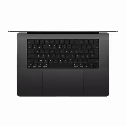 Gros plan sur le clavier QWERTY rétroéclairé du MacBook Pro 16" 2024 et son large trackpad précis.