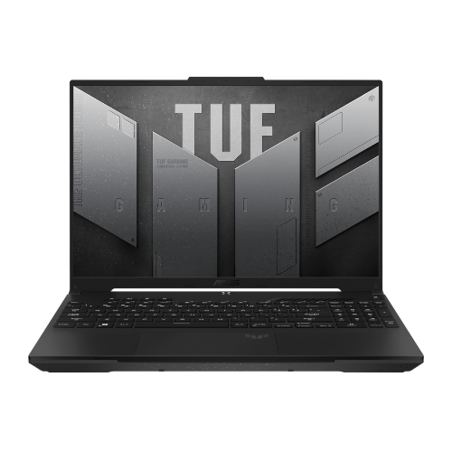 Ordinateur portable Asus TUF Gaming A16 au design robuste avec un châssis renforcé et un clavier rétroéclairé.