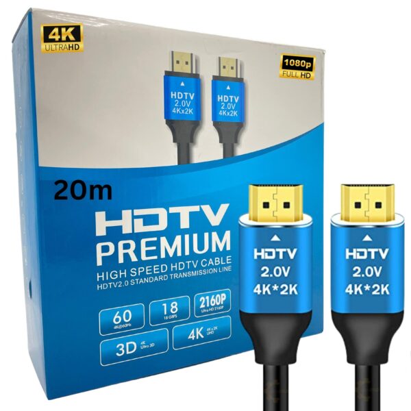 Câbles HDMI Premium 20M 4K UHD HDR noir avec connecteurs plaqués or.