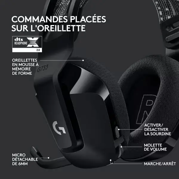Casque gaming Logitech G733 Lightspeed avec coussinets confortables