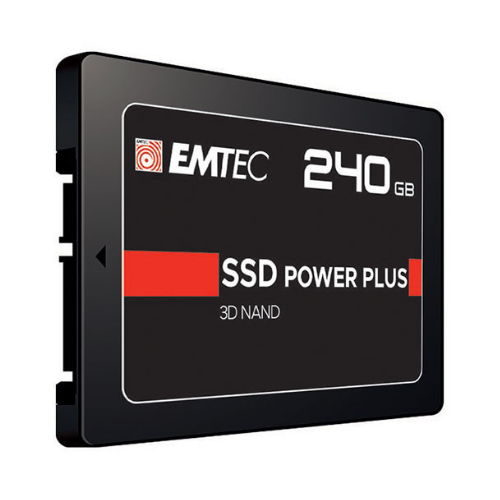 Vue de face du SSD EMTEC X150 POWER PLUS 240 Go, affichant son design compact et moderne.