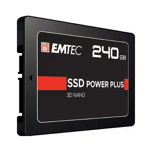 Vue de face du SSD EMTEC X150 POWER PLUS 240 Go, affichant son design compact et moderne.