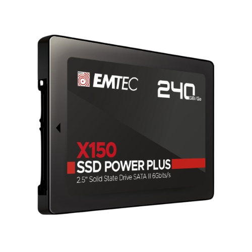 SSD EMTEC X150 Power Plus 2.5" 240GB noir et compact sur fond blanc.