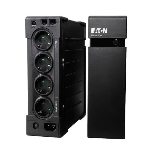 Vue avant de l’onduleur Eaton Ellipse ECO 800 USB FR avec ses prises et ports USB.