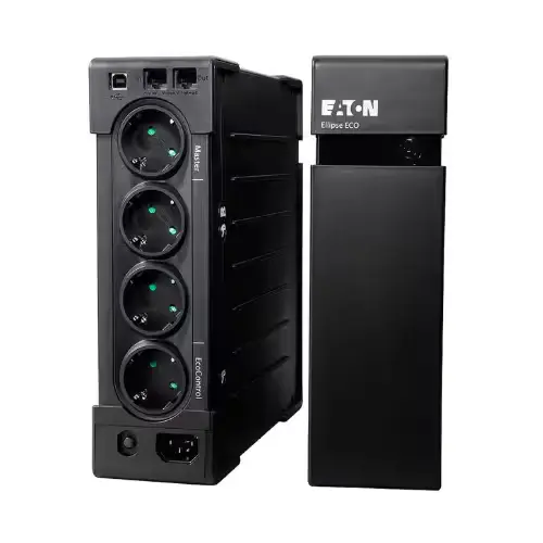 Vue avant de l’onduleur Eaton Ellipse ECO 800 USB FR avec ses prises et ports USB.