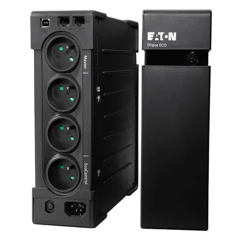 Vue avant de l’onduleur Eaton Ellipse off-line FR USB 1600 VA montrant ses prises et son design compact.