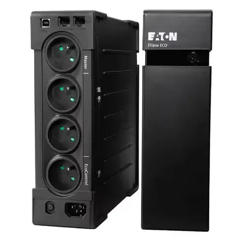 Vue avant de l’onduleur Eaton Ellipse off-line FR USB 1600 VA montrant ses prises et son design compact.