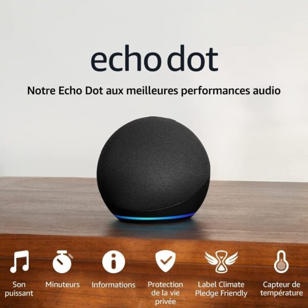 L’enceinte Echo Dot activée avec Alexa, en train de répondre à une commande vocale.