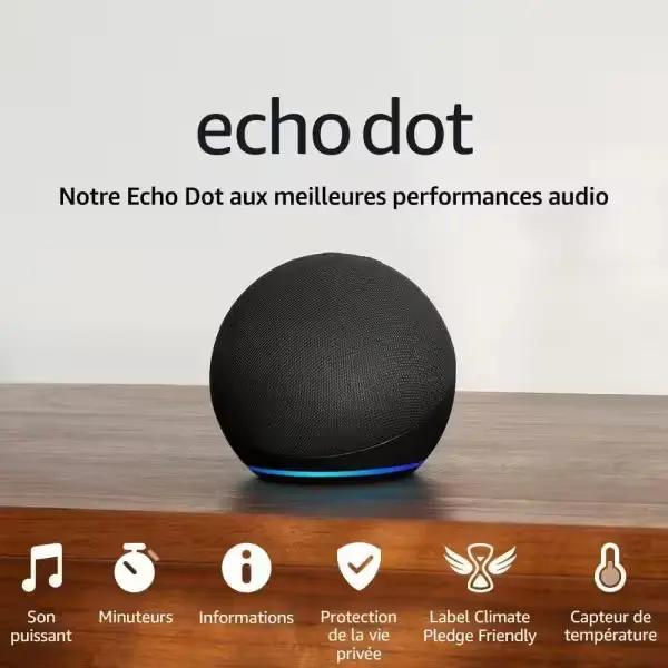 L’enceinte Echo Dot activée avec Alexa, en train de répondre à une commande vocale.