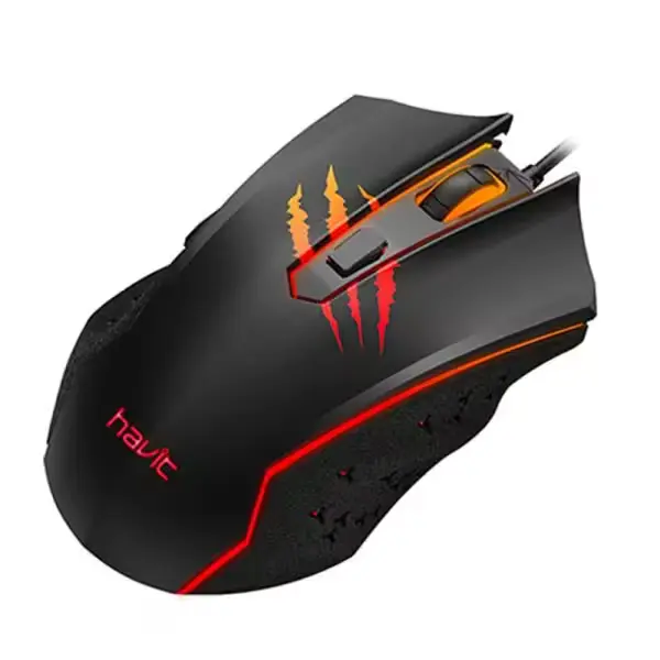 Vue latérale de la Souris Gaming HAVIT MS1027 avec éclairage RGB activé.