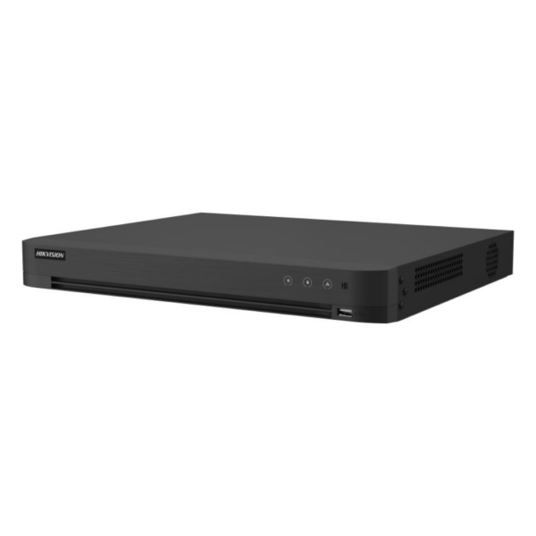 Vue avant du HIKVISION DVR IDS-7216HUHI-M2/X avec ports et indicateurs LED.