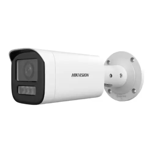 Vue avant de la caméra Hikvision DS-2CD1643G2-LIZU avec son boîtier robuste pour intérieur et extérieur.