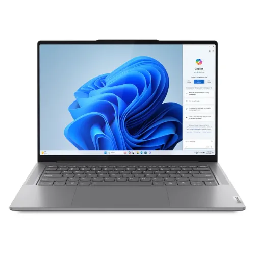 Ordinateur portable LENOVO Yoga Pro 14s en vue latérale, affichant un écran OLED éclatant.