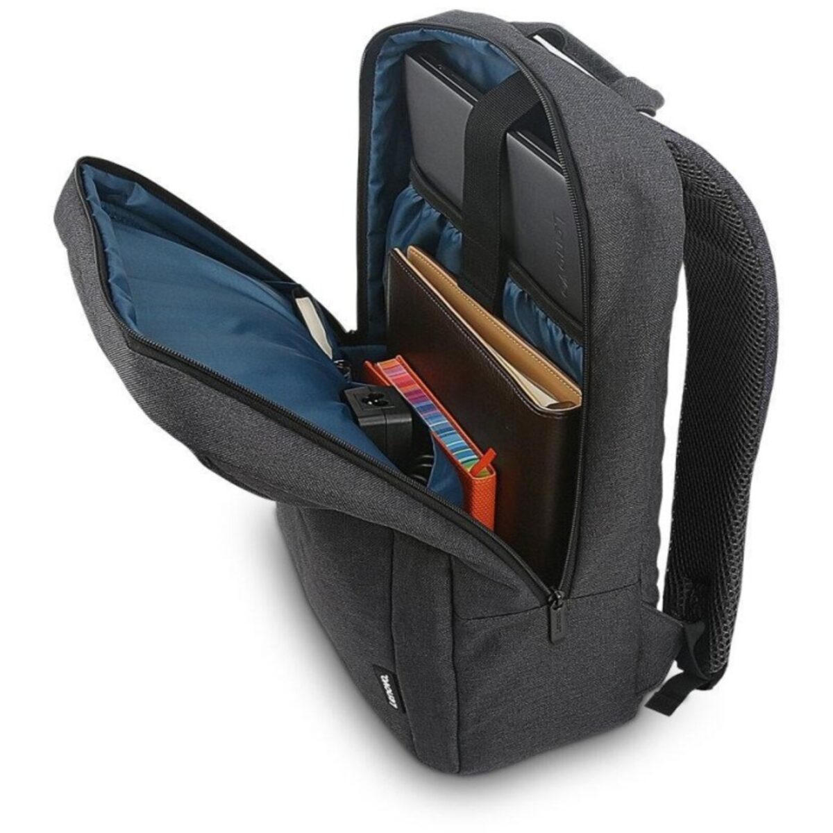 Compartiment principal ouvert du sac Lenovo B210 avec ordinateur portable à l’intérieur