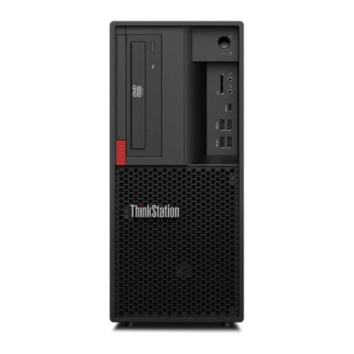 Lenovo ThinkStation P330 vue de face avec ports USB et connecteurs vidéo.