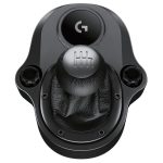 Gros plan du levier Logitech Driving Force Shifter montrant les détails de fabrication.