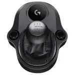 Gros plan du levier Logitech Driving Force Shifter montrant les détails de fabrication.