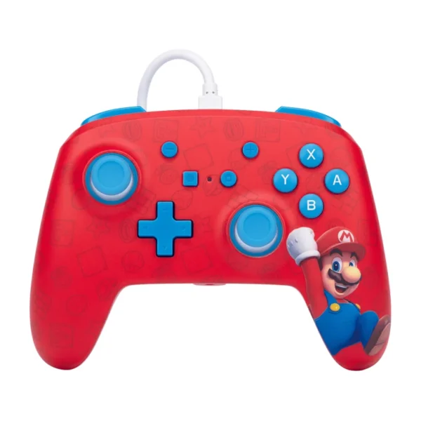 Manette filaire Nintendo Switch Super Mario rouge et bleu, ergonomique et optimisée pour le jeu.