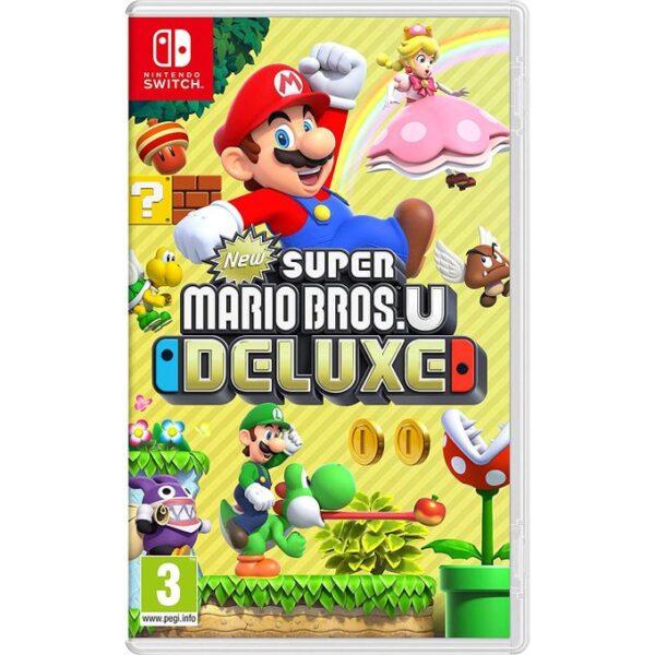 Nintendo Switch New Super Mario Bros U Deluxe avec écran de jeu montrant Mario en action.