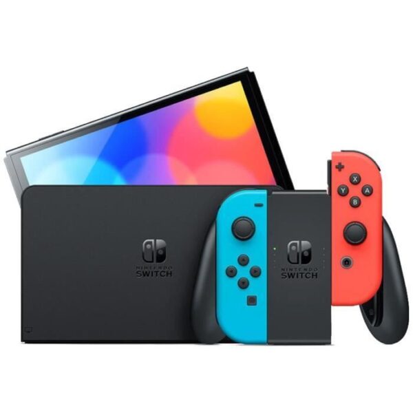 Nintendo Switch OLED bleu et rouge avec écran allumé affichant un jeu coloré.