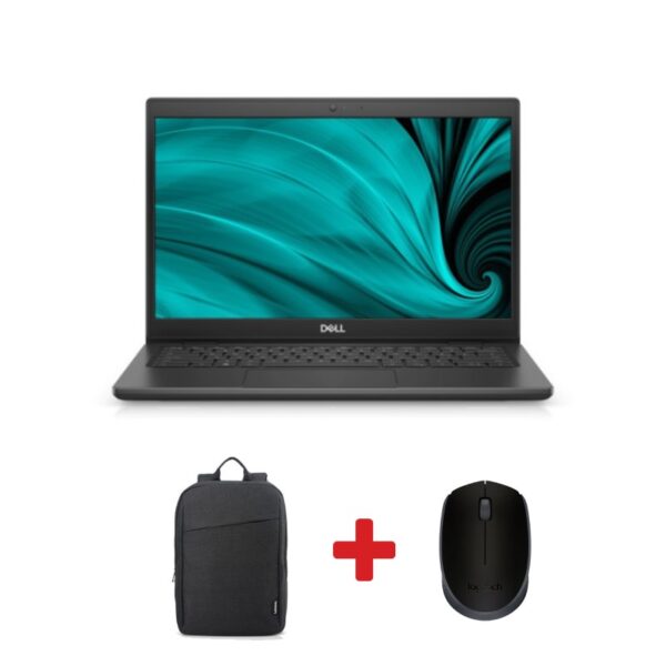 Ordinateur portable Dell Latitude 3420 posé sur un bureau avec une souris et un cartable élégant.