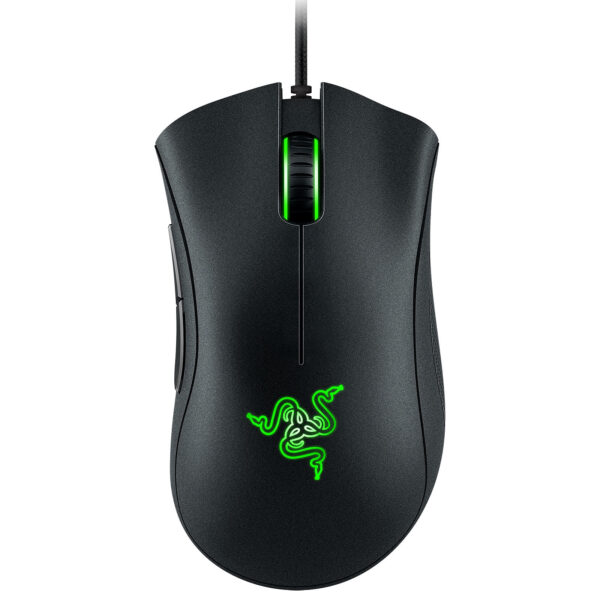 Vue de la souris Razer DeathAdder Essential avec un design ergonomique et des boutons programmables.