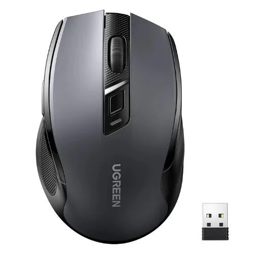 Souris sans fil Ugreen Design Ergonomique 2.4GHz – Noir (1) Gros plan de la souris Ugreen noire avec design ergonomique