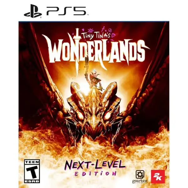 Illustration épique de Tiny Tina’s Wonderlands Next Level Edition pour PS5 montrant des personnages en action dans un monde fantastique.