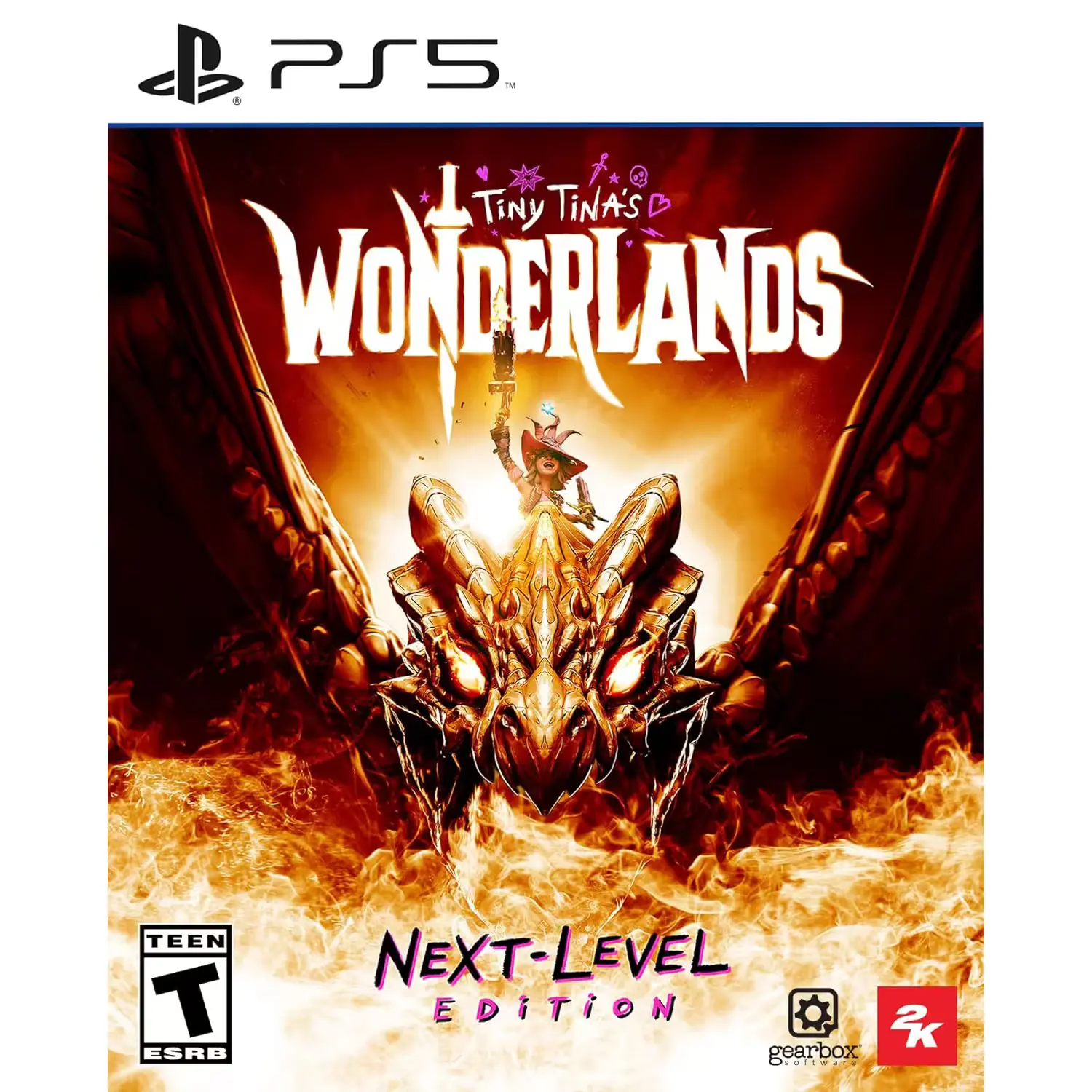 Illustration épique de Tiny Tina’s Wonderlands Next Level Edition pour PS5 montrant des personnages en action dans un monde fantastique.